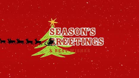 Animation-of-seasons-greetings-and-santa-sleigh-on-red-background-with-snow