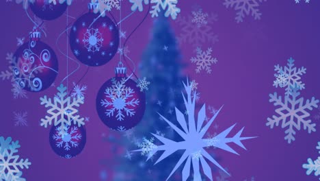 Animation-of-snowflakes-over-christmas-tree-with-baubles-on-purple-background
