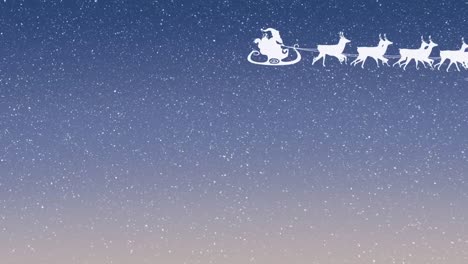 Animation-Von-Schnee,-Der-über-Den-Weihnachtsmann-Im-Schlitten-Fällt,-Mit-Rentieren-Am-Himmel
