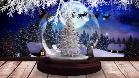 Animation-of-snow-falling-over-santa-claus-in-sleigh-and-snow-globe-with-winter-landscape