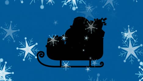 Animation-of-santa's-sleigh-with-presents-over-snow-falling-on-blue-background