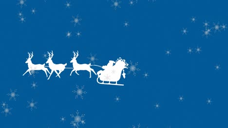 Animation-Des-Weihnachtsmanns-Im-Schlitten-Mit-Rentieren-über-Schnee,-Der-Auf-Blauen-Hintergrund-Fällt