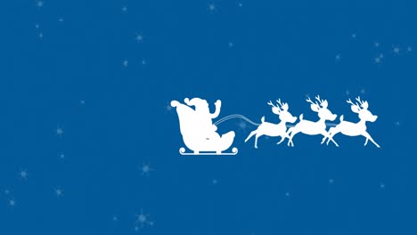Animation-of-santa-claus-in-sleigh-with-reindeer-over-snow-falling-on-blue-background