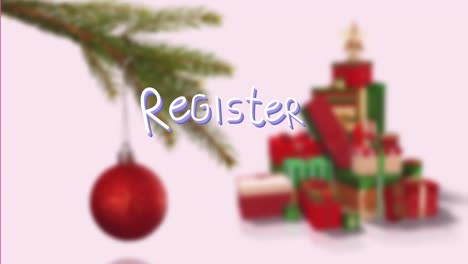 Animation-of-register-social-media-text-over-christmas-decorations