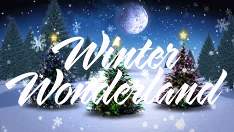 Animation-of-snow-falling-and-winter-wonderland-text-over-christmas-trees-and-winter-landscape