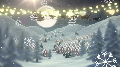 Animation-of-snow-falling-and-santa-in-sleigh-over-winter-scenery