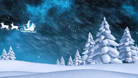 Animation-of-snow-falling-over-santa-claus-in-sleigh-with-reindeer-over-winter-landscape