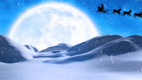 Animación-De-Nieve-Cayendo-Sobre-Papá-Noel-En-Trineo-Con-Renos-Sobre-El-Paisaje-Invernal.