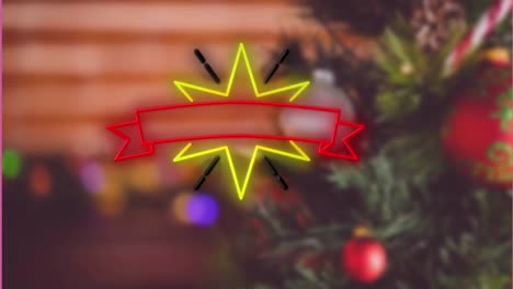 Animation-of-christmas-greetings-neon-and-christmas-tree-with-decorations