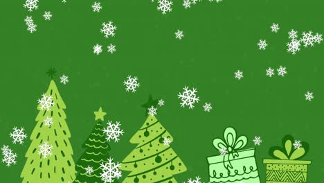 Animation-of-snow-falling-over-christmas-trees-on-green-background