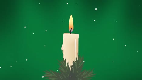 Animation-of-snow-falling-over-burning-candle-icon-against-green-background