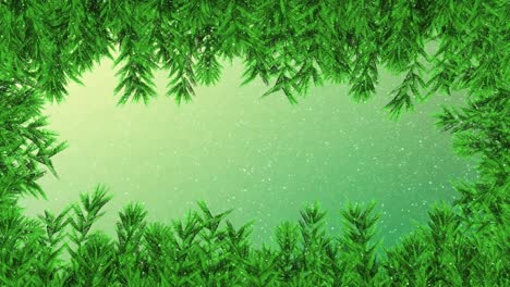Animation-of-snow-falling-over-green-leaves-frame-against-green-gradient-background