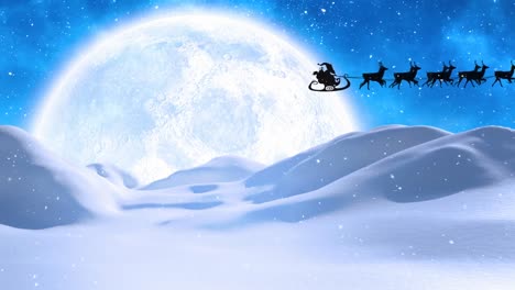 Animation-of-snow-falling-over-santa-claus-in-sleigh-with-reindeer-over-winter-landscape