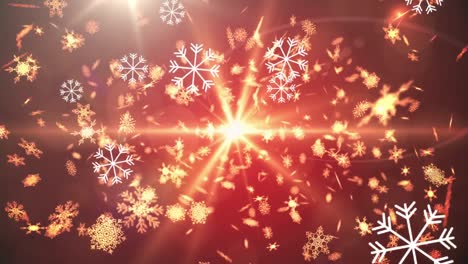 Animation-of-snowflakes-falling-over-bright-spot-of-light-against-red-background