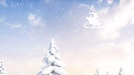 Animation-of-snow-falling-over-santa-claus-in-sleigh-with-reindeer-on-sky
