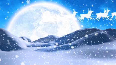 Animación-De-Nieve-Cayendo-Sobre-Papá-Noel-En-Trineo-Con-Renos-Sobre-El-Paisaje-Invernal.