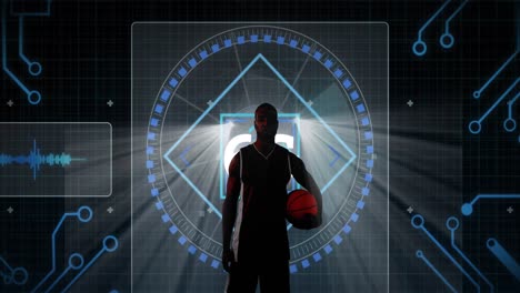 Animation-Des-Scope-Scannens-Und-Der-Datenverarbeitung-über-Einem-Afroamerikanischen-Männlichen-Basketballspieler