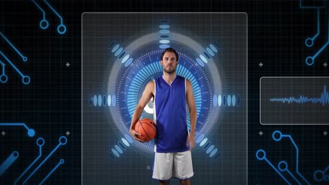 Animation-Des-Scope-Scannens-Und-Der-Datenverarbeitung-über-Einem-Kaukasischen-Basketballspieler