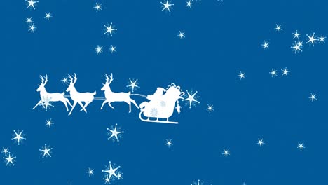 Animation-Des-Weihnachtsmanns-Im-Schlitten-Mit-Rentieren-über-Schnee,-Der-Auf-Blauen-Hintergrund-Fällt