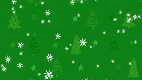 Animation-of-snowflakes-icons-falling-over-multiple-christmas-tree-icons-against-green-background