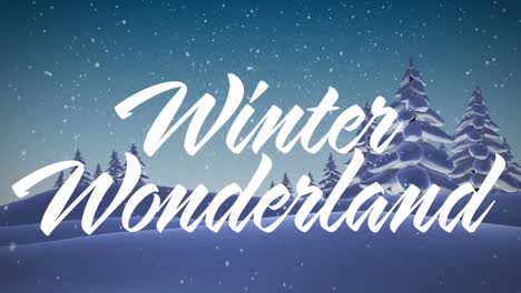 Animation-of-snow-falling-and-winter-wonderland-text-over-winter-landscape