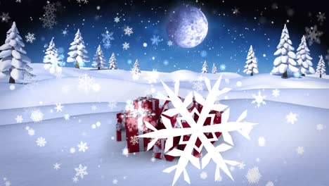 Animación-De-Nieve-Cayendo-Sobre-Regalos-De-Navidad-En-Un-Paisaje-Invernal.