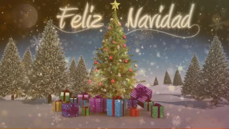 Animation-of-feliz-navidad-text,-snowfall-on-coniferous-trees-and-present-boxes-against-moon-in-sky