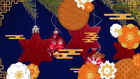 Animation-of-christmas-baubles-decorations-with-orange-pattern
