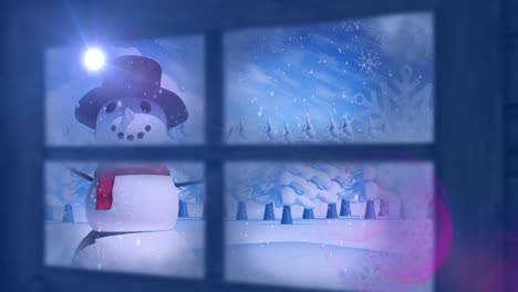 Animation-of-snowman-and-window-over-christmas-winter-scenery