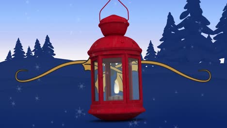 Animation-of-snow-falling-over-hanging-red-christmas-lamp-against-winter-landscape