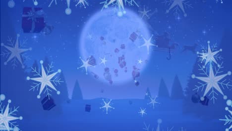 Animation-of-christmas-concept-icons-and-santa-claus-in-sleigh-pulled-by-reindeers-in-night-sky
