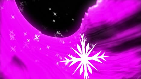 Animation-Mehrerer-Schneeflocken-Symbole,-Die-über-Violetten-Digitalen-Wellen-Vor-Schwarzem-Hintergrund-Schweben