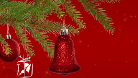 Animation-of-snowflakes-over-fir-tree-with-bell-on-red-background