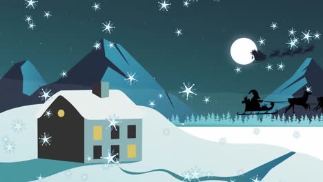 Animation-Des-Weihnachtsmanns-Im-Schlitten-Mit-Rentieren-über-Dem-Haus-In-Der-Winterlandschaft