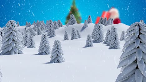 Animation-of-snow-falling-over-winter-landscape-and-blurred-santa-claus