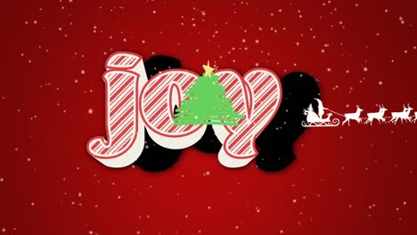 Animation-of-joy-text-with-santa-claus-in-sleigh-with-reindeer-over-christmas-tree-on-red-background