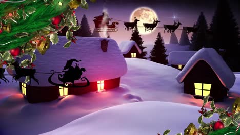 Animation-of-santa-claus-in-sleigh-with-reindeer-over-christmas-houses-in-winter-scenery