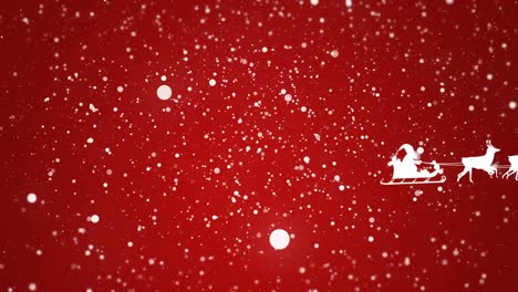 Animation-of-white-santa-claus-in-sleigh-with-reindeer-over-snow-falling-on-red-background