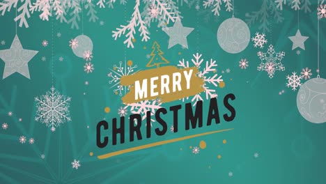 Animation-of-snowflakes-over-merry-christmas-text-banner-over-hanging-decorations-on-blue-background