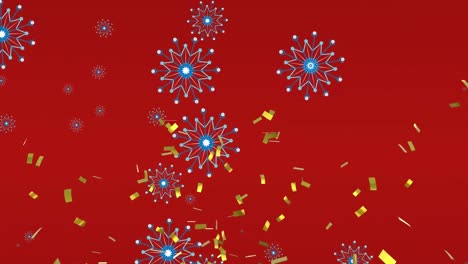 Animation-of-golden-confetti-falling-over-snowflakes-icons-in-seamless-pattern-on-red-background