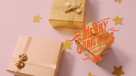 Animation-of-merry-christmas-and-happy-new-year-text-over-presents-on-white-background