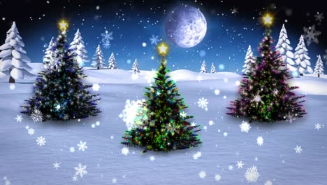 Animation-of-snowflakes-over-ho-ho-ho-text-banner-against-christmas-tree-on-winter-landscape