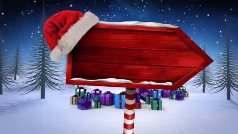 Animation-of-christmas-sign-board-with-copy-space-and-santa-claus-in-sleigh-over-winter-scenery