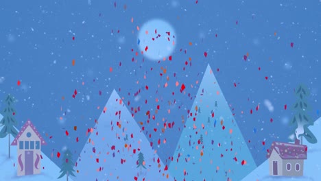 Animation-of-snow-and-red-particles-falling-over-winter-landscape-with-copy-space
