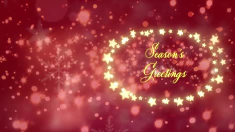 Animation-of-seasons-greetings-text-over-fairy-light-banner-against-spots-of-light-on-red-background