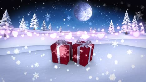 Animation-Von-Schneeflocken,-Die-über-Lichterketten-Und-Weihnachtsgeschenkboxen-In-Der-Winterlandschaft-Fallen