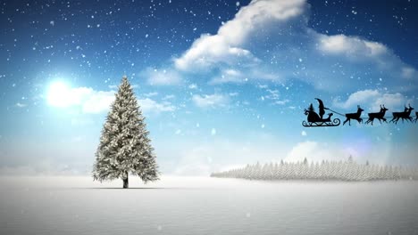 Animation-of-snow-falling-over-santa-claus-in-sleigh-with-reindeer-and-christmas-tree
