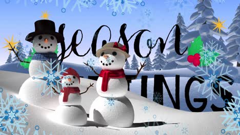 Animation-of-snow-falling-over-snowmen-and-christmas-winter-scenery