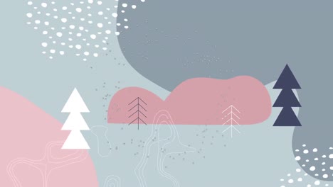 Animation-of-particles-spinning-over-abstract-shapes-and-christmas-tree-icons-on-grey-background