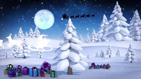 Animation-of-santa-claus-in-sleigh-with-reindeer-over-christmas-tree-in-winter-scenery